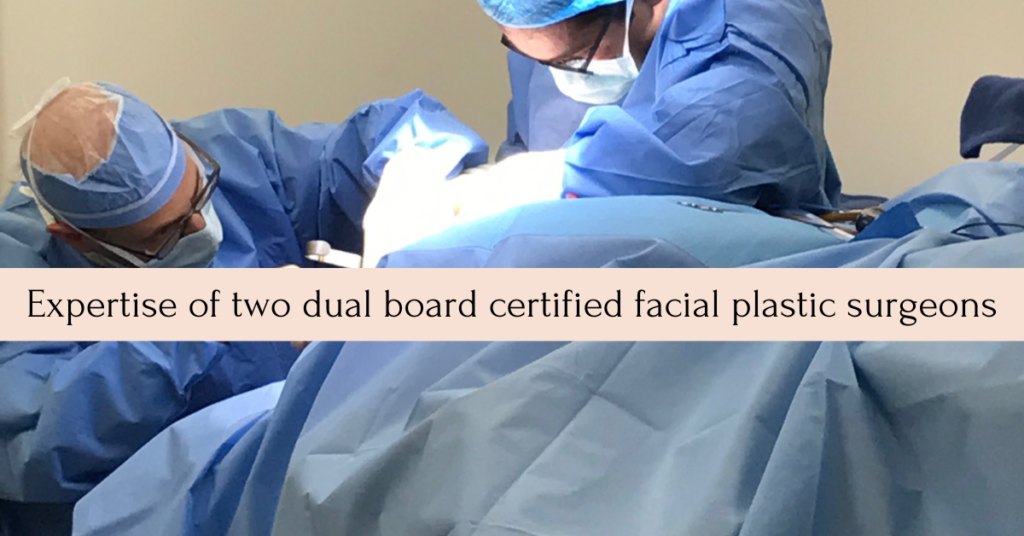 Image of dr lieberman and dr parikh operating with caption "expertise of two dual board certified facial plastic surgeon"